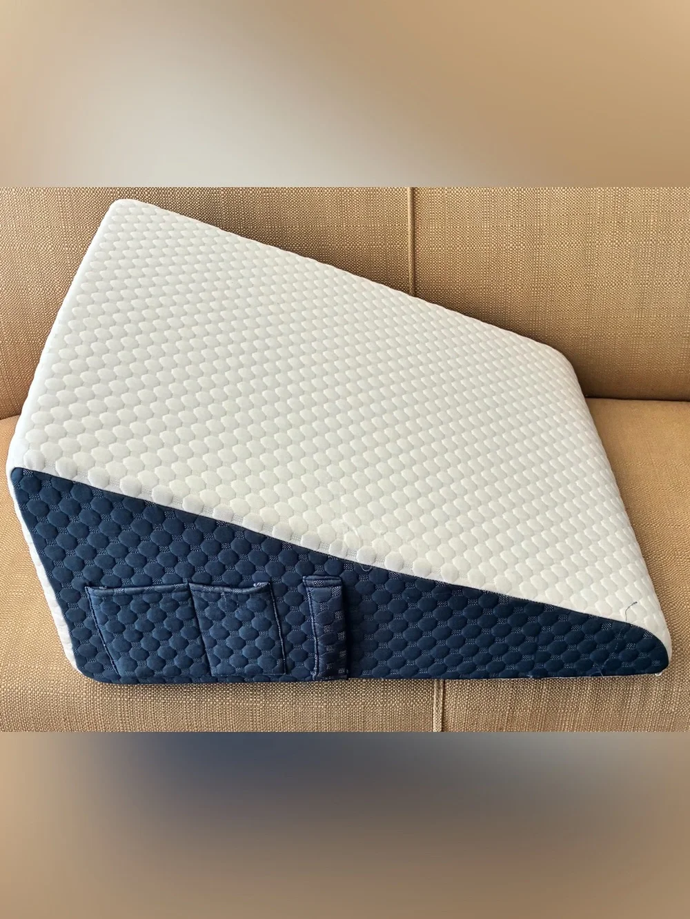 White and Navy Memory Foam Bed Wedge Pillow - Supportive Elevation